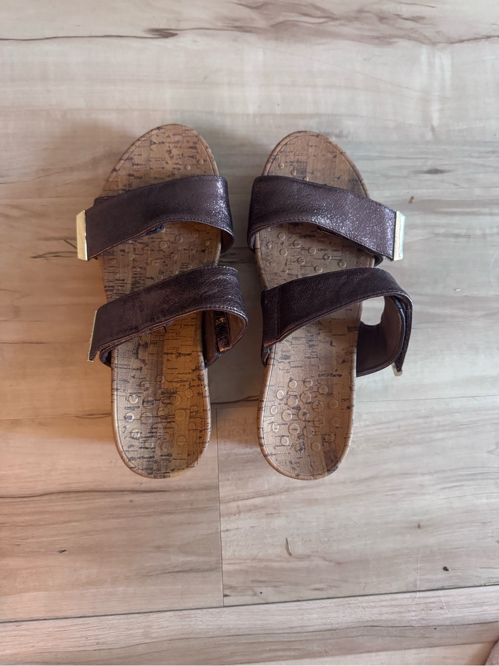 Vionic Brown Double-Strap Slide Sandals with Gold Accent